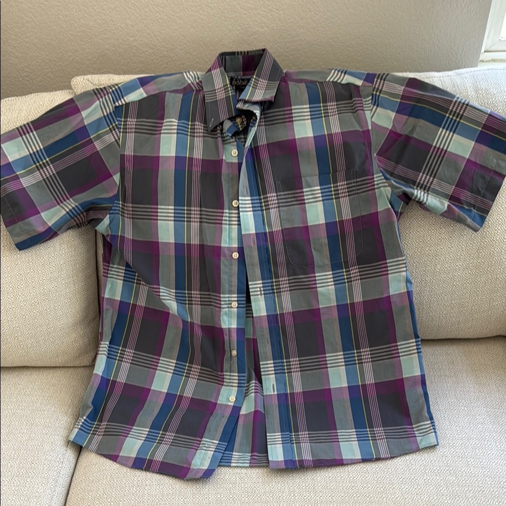 Jos. A. Bank Men's Plaid Shirt - Purple, Blue, and Gray